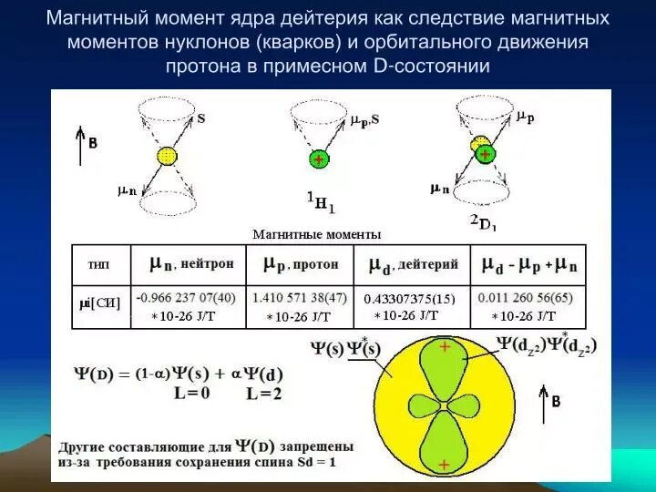 Энергия связи ядра дейтерия. Магнитный момент ядра. Магнитный момент орбитального движения. Магнитный момент Протона и нейтрона. Магнитный момент.