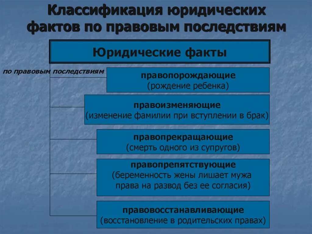 Принципы семейного регулирования. Правовые последствия. Классификация по правовым последствиям. Виды юридических последствий. Последствия юридических фактов.