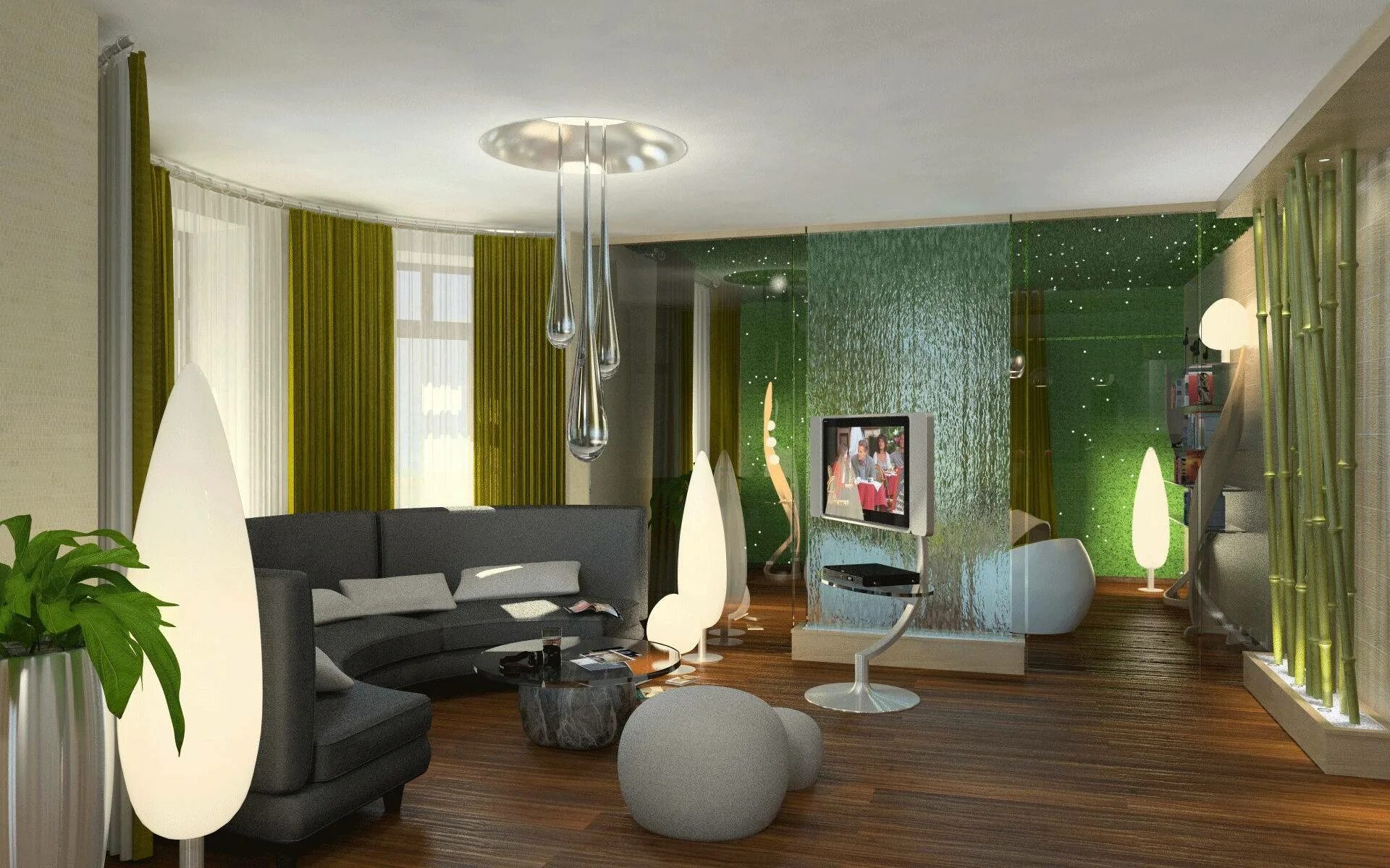 Новый свет комнаты. Необычный интерьер гостиной. Экостиль в интерьере квартиры. Гостиная эко-стиль. Интерьер в зеленом стиле.