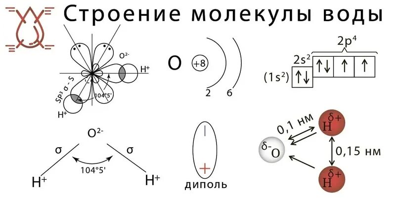 Схема строения молекул h2o. Строение молекулы воды диполь. H2o строение молекулы. Схема строения молекулы.