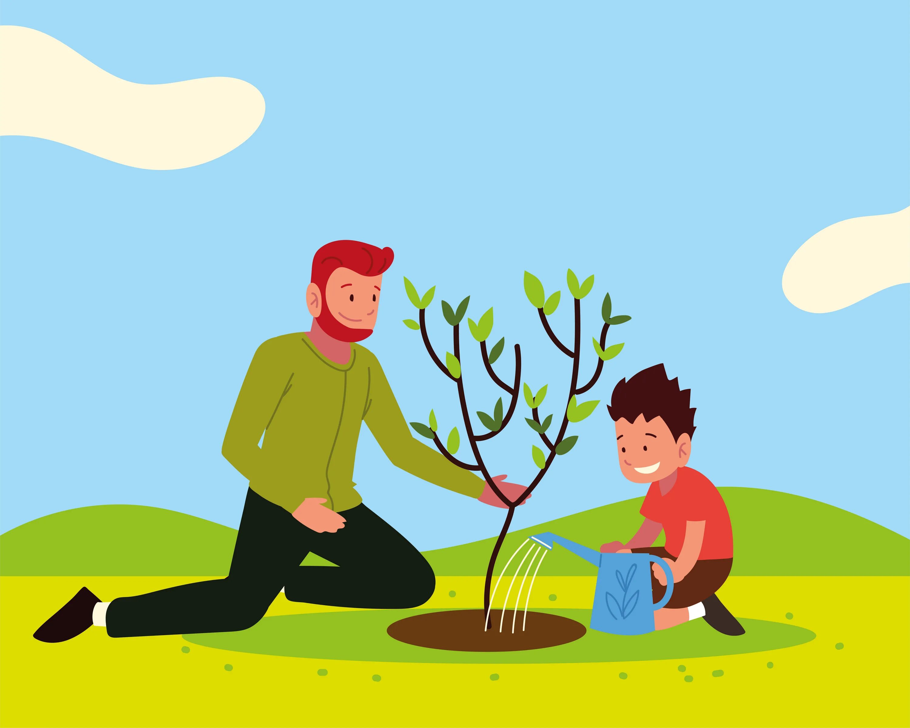 Посадка деревьев рисунок. Син и папа сажает дерево. Папа сажает дерево рисунок. Сажай и поливай деревья вектор.