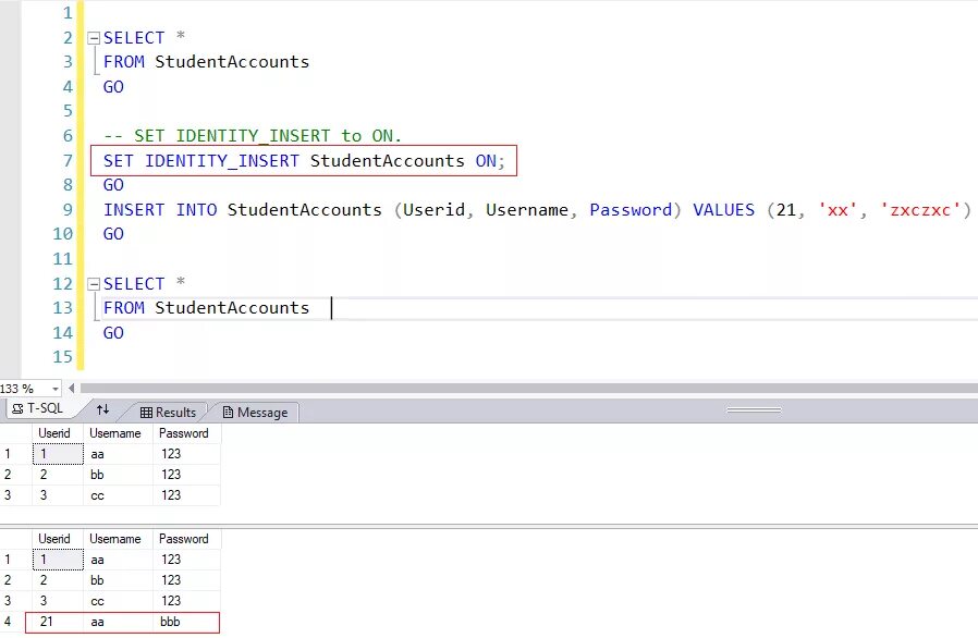 Insert message insert. Спецификация идентификатора SQL. Вставка в таблицу SQL. Set Identity SQL. Set Identity_Insert SQL Server.