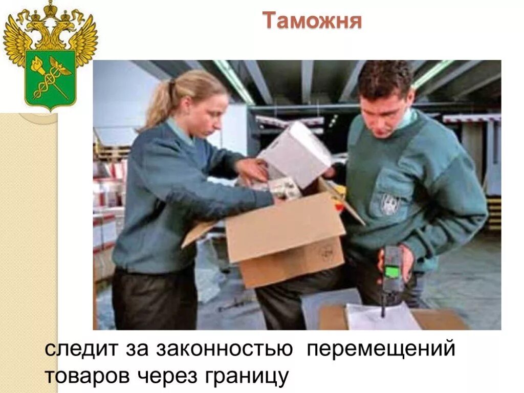 Следит за законностью перемещений товаров через границу. Следит за законностью перемещений товаров через границу
