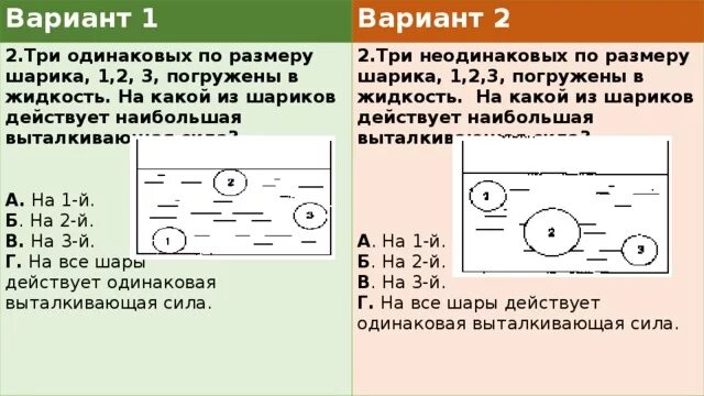 Три шарика 1 2 3 погружены в жидкость. Три одинаковых по размеру шарика погружены в жидкость. Три шарика одинакового объема. На какой шарик действует большая Выталкивающая сила.