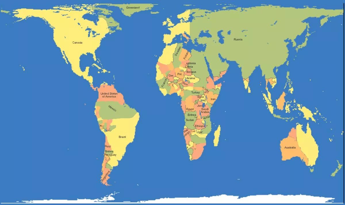Другие страны видно. Карта проекции Галла Петерса.