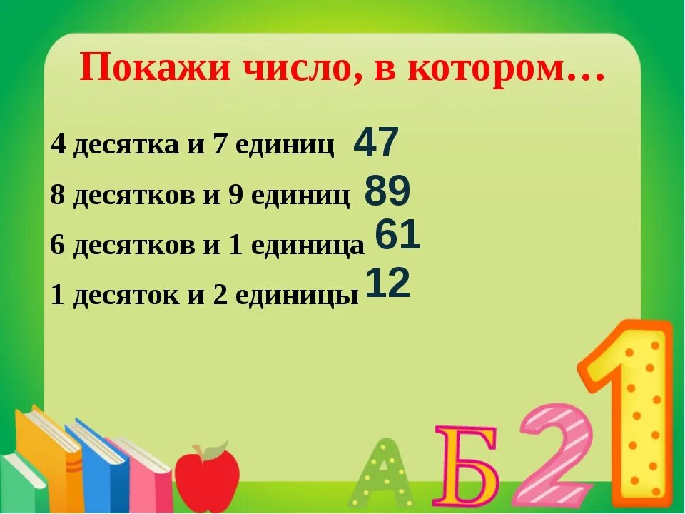 Седьмой десяток лет. Число в котором 4 десятка и 1 единица. Записать 2 десятка и одну единицу. Число в котором 1 десяток и 1 ед. 8 Десятков.