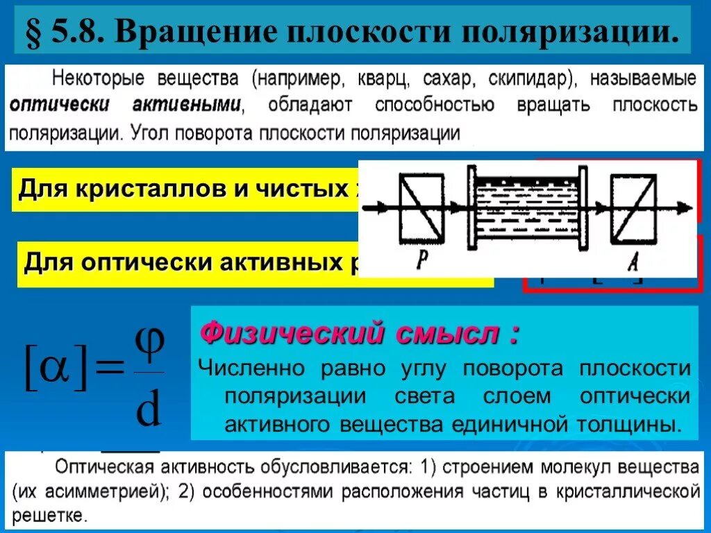 Угол вращения плоскости поляризации. Вращение плоскости поляризации. Вращение плоскости поляризации света. Постоянная вращения плоскости поляризации. Вещества вращающие плоскость поляризации.