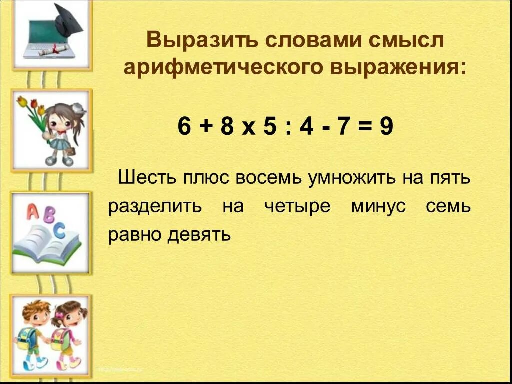 Девять минус шесть. Выразить словами смысл арифметического выражения. Пример четыре умножить на пять. Плюс умножить/разделить на плюс. Плюс умножить на минус минус разделить на плюс.