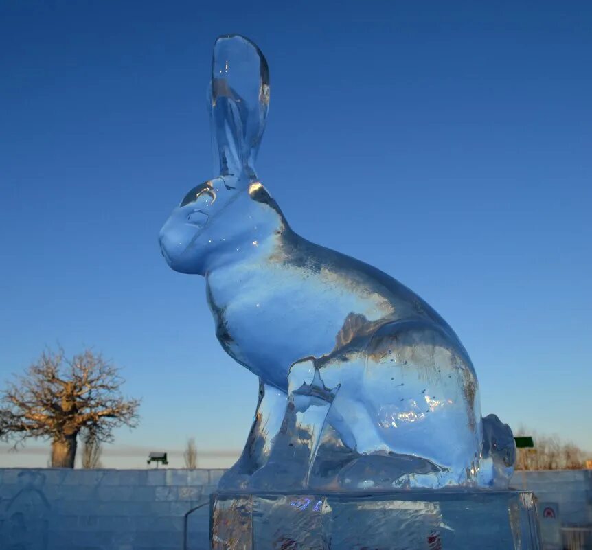 скульптуры из льда. ледовые фигуры. скульптуры изо льда. снежная скульптура зайца. скульптуры животных из льда.