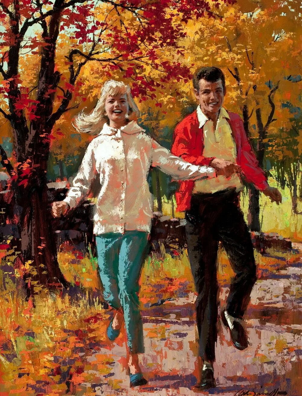 Картина пара. Художник Arthur Sarnoff. Композиция с людьми. Осень композиция с людьми. Осенний пейзаж с людьми.