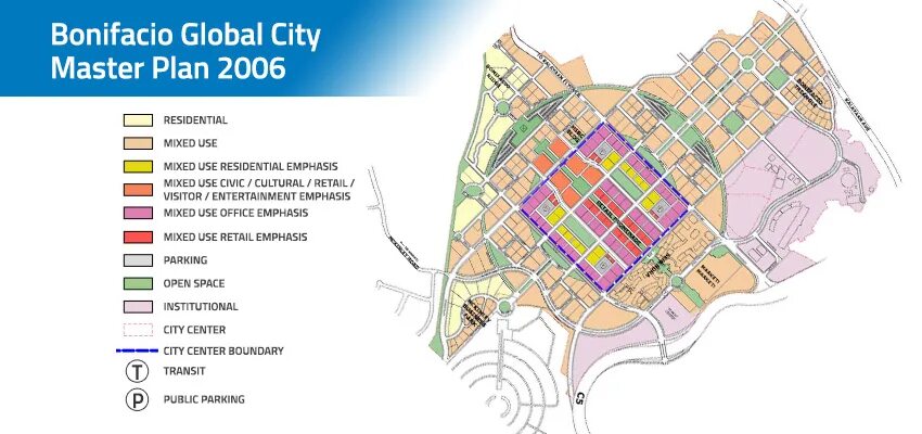 Bonifacio Global City Манила карта путешествий. BGC City сколько жителей. Zoning plan