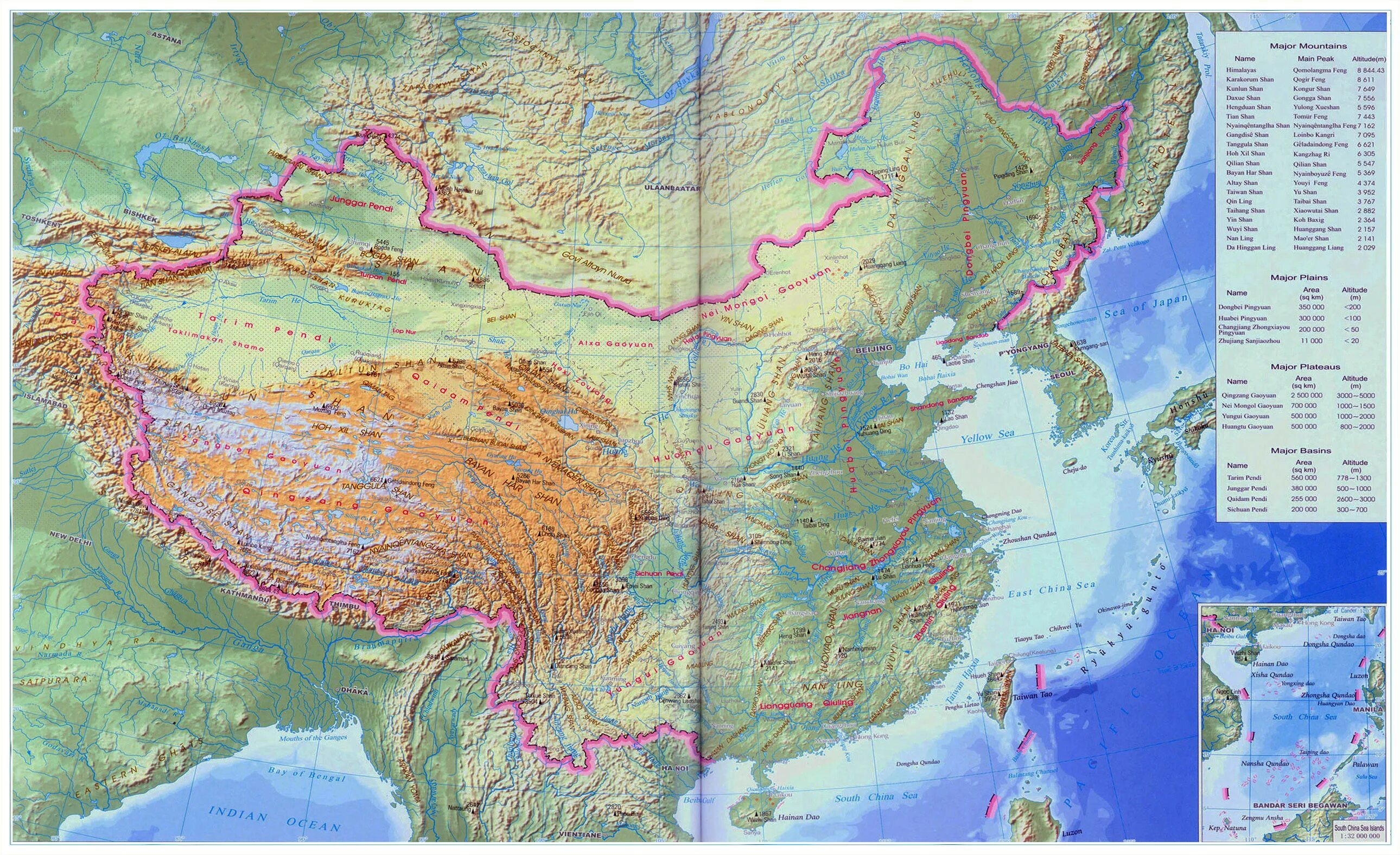 Какая высота великой китайской равнины. Карта Китая физическая карта. Топографическая карта Китая. Карта Китая физическая карта Китая. Рельеф Китая карта.