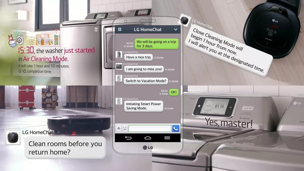 Умный дом чат. Управление бытовой техникой голосом. LG homechat Lets you SMS with your Appliances.