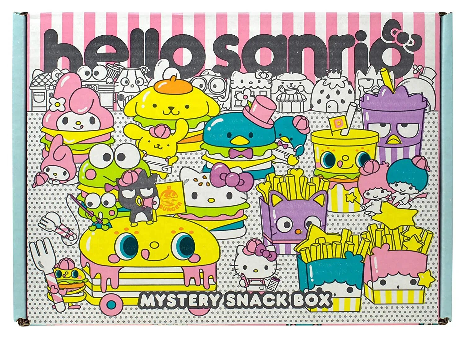 Hello box. Sanrio snack box. mystery box sanrio. $5 mystery box!? no budget shopping at sanrio!!!.