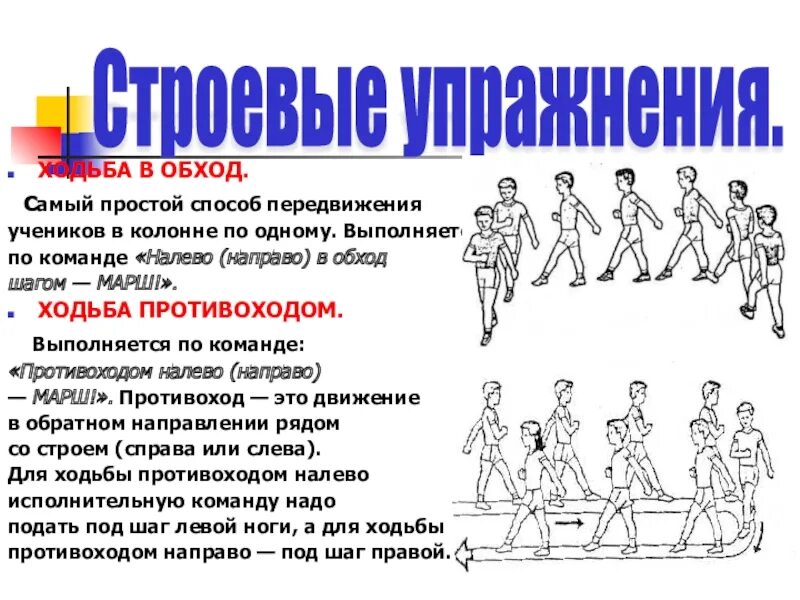 Ходьба в колонне по одному. В обход налево шагом марш. Ходьба в обход в колонне по одному. Ходьба змейкой и противоходом. Какие команды подаются для изменения направления движения