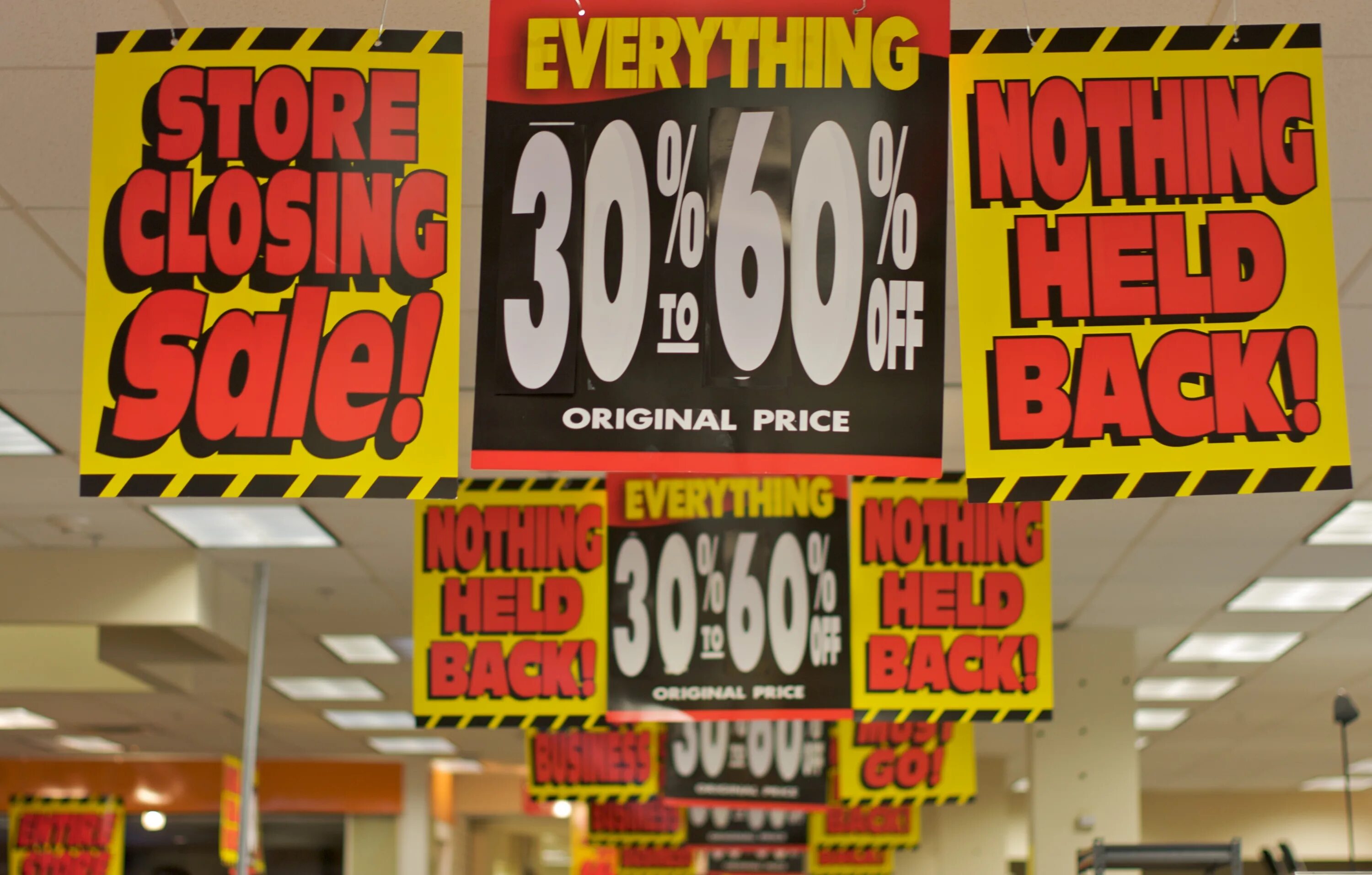 Everything was closed. Everything must go. Store closing sale. Closing down sale everything must go. Go sale.