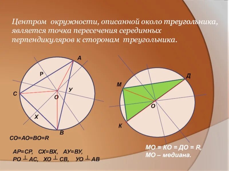 Центр описанного круга. Центр описанной окружности. Центр описанной около треугольника окружности это точка пересечения. Центр описанной окружности пересечение серединных перпендикуляров. Центрром описанной окр.