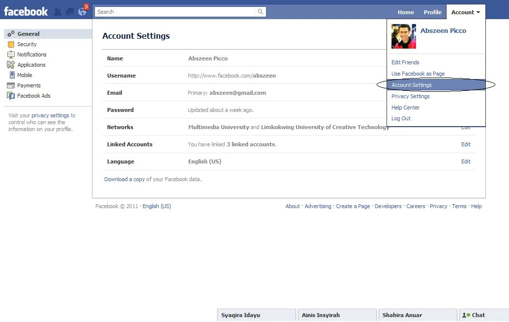 Facebook account settings.