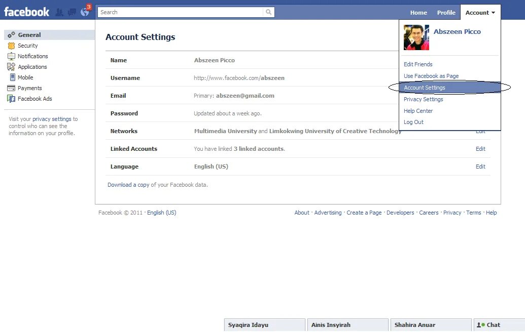 Accounts setting. Facebook account settings.