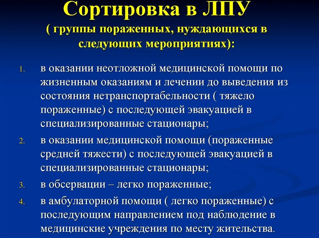 Чс в лечебных учреждениях. Мед сортировка пораженных. Группы пораженных при медицинской сортировке. Мед сортировка в ЛПУ. Организация го и ЧС В ЛПУ.