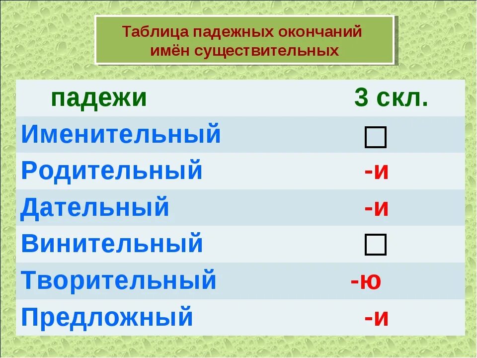 Правописание окончаний склонение имен существительных. Окончания существительных 3 склонения. Падежные окончания существительных 3 склонения. Окончания имён существительных 3 склонения. Слово заяц в винительном падеже в предложении