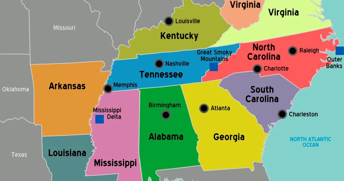 Southern States of the USA. The South Region of the USA. South USA Map. Штаты глубокого Юга.