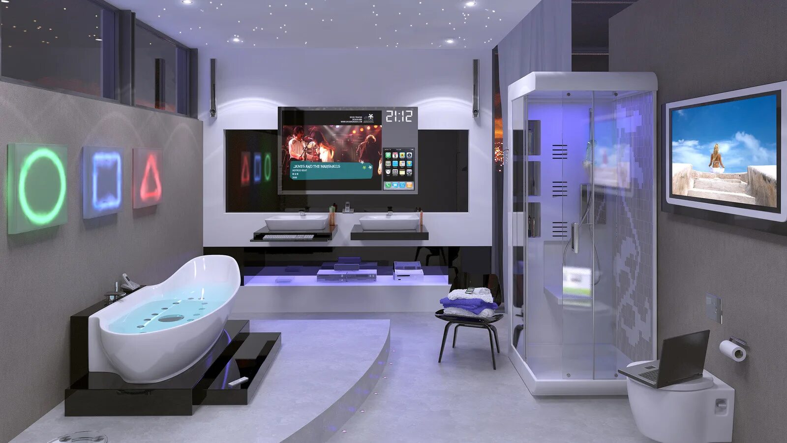 100 hi tech. Комната в стиле хай тек. ванная в стиле hi-tech. телевизор в ванной интерьер. ванная комната будущего.