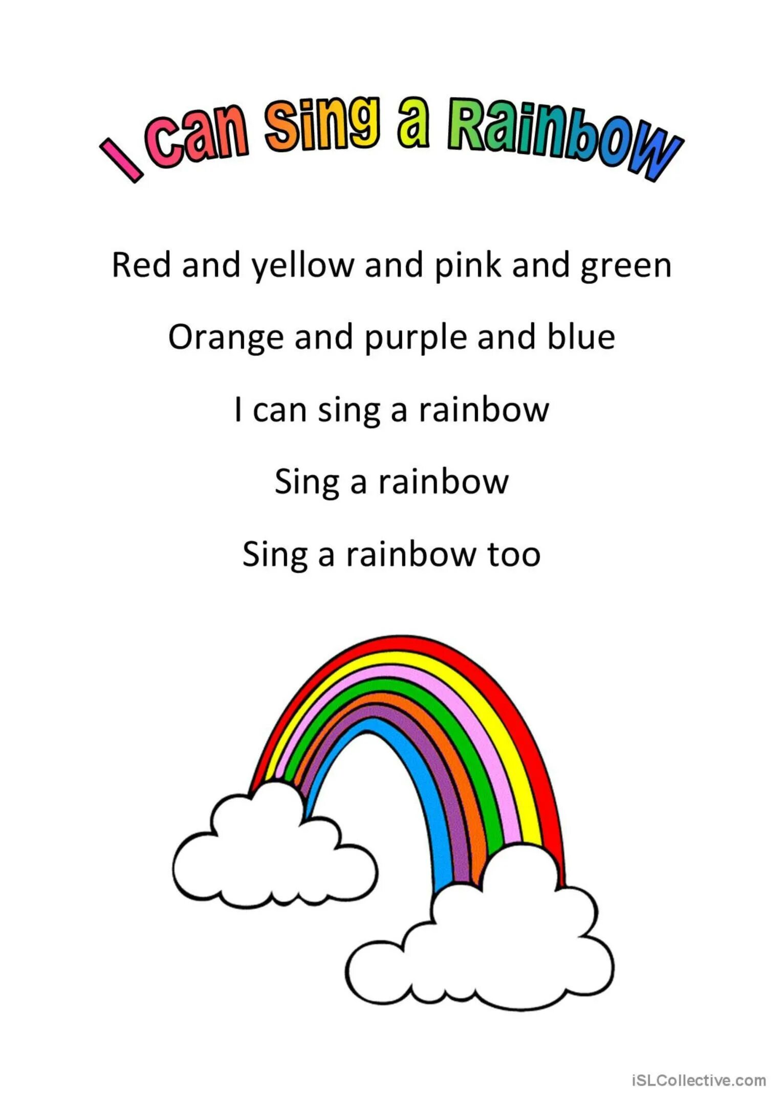 Песня i can Sing a Rainbow. Радуга на английском. Радуга Worksheet. I can Sing a Rainbow текст.