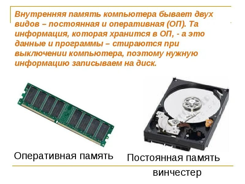 Основные компоненты памяти. Внутренняя память компьютера ОЗУ. Внутренняя память - энергозависимая память. Устройство компьютера Оперативная память. Презентация на тему память компьютера.