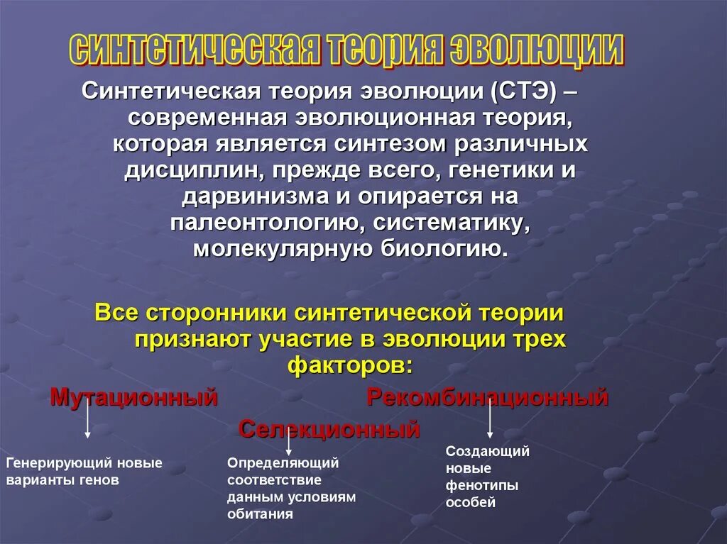 Основные гипотезы эволюции. Современная синтетическая теория эволюции. Синтетическая теория эволюции и дарвинизм. Синтетическая теория эволюции (СТЭ). Теория Дарвина и СТЭ.