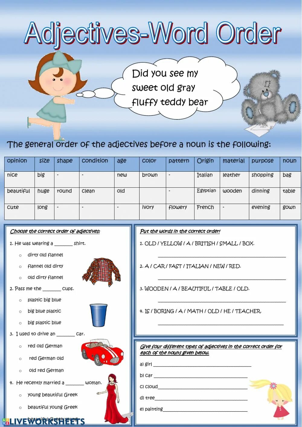 Choose the correct form of adjectives. Order of adjectives. Adjectives онлайн. Order of adjectives in English. Correct order of adjectives.
