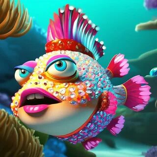 Мультяшная рыба накачала огромные ." - картинка создана в Шедевруме