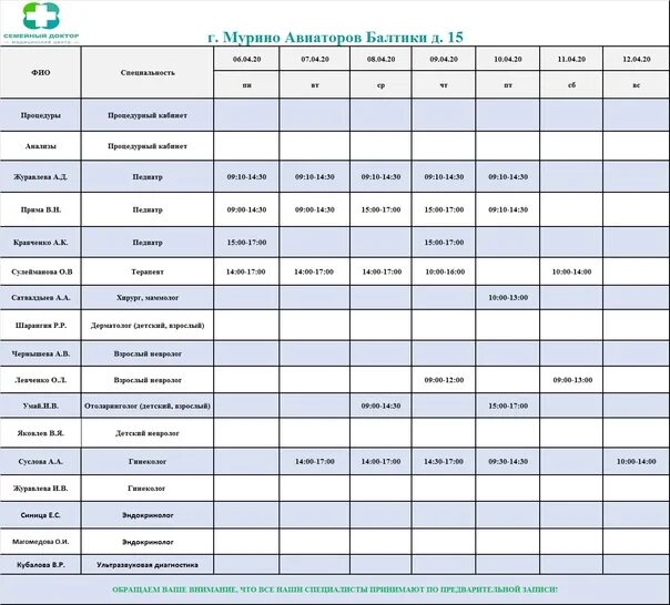 Невролог мурино. Семейный доктор Мурино. Семейный доктор Авиаторов Балтики. График врачей вызовов на дому шаблон. Невролог Мурино семейный доктор.