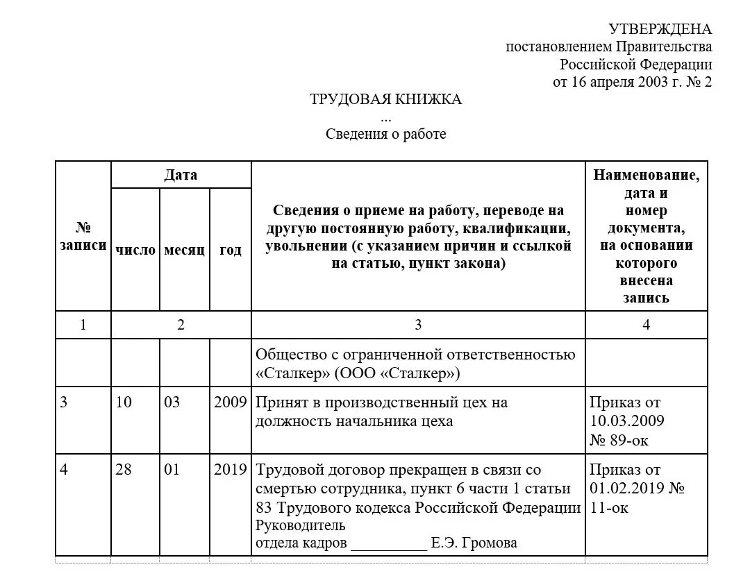 Увольнение в связи со смертью работника в ТК. Запись в трудовой в связи со смертью работника 2022. Запись в трудовой книжке смерть работника. Запись в ТК об увольнении в связи со смертью работника.