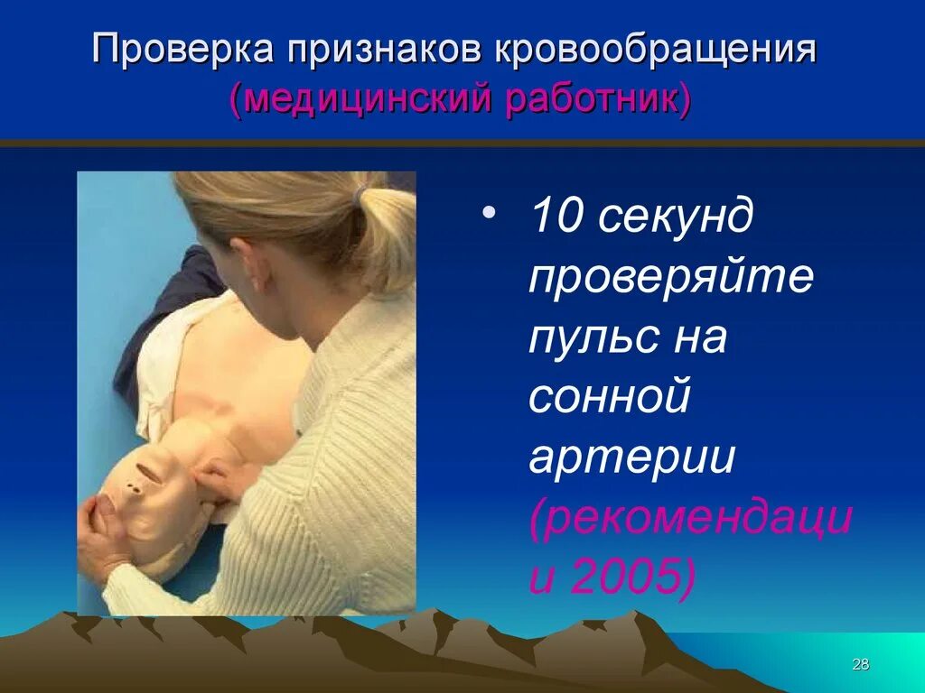 Проверка признаков кровообращения. Отсутствие пульса на сонной артерии. Пульс на сонной артерии при СЛР проверяют. Проверка пульса на сонной артерии при сердечно легочной реанимации.