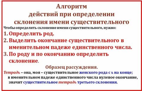 Определить склонение существительных 5 класс