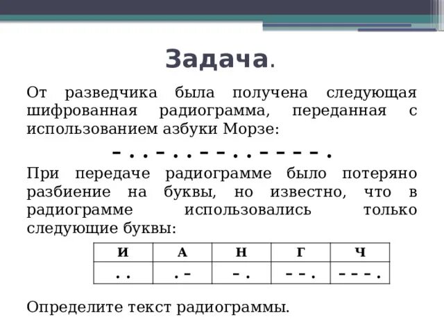 От разведчика была получена енозщ. От разведчика была получена радиограмма. от разведчика была получена следующая шифрованная радиограмма. следующая шифрованная радиограмма переданная с использованием. при передаче радиограммы было потеряно разбиение на буквы.