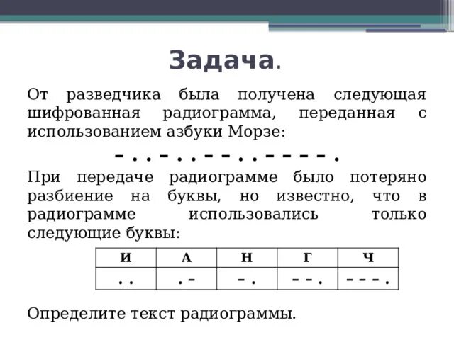 От разведчика была получена следующая радиограмма. От разведчика была получена радиограмма. От разведчика была получена следующая шифрованная радиограмма. Следующая шифрованная радиограмма переданная с использованием. При передаче радиограммы было потеряно разбиение на буквы.