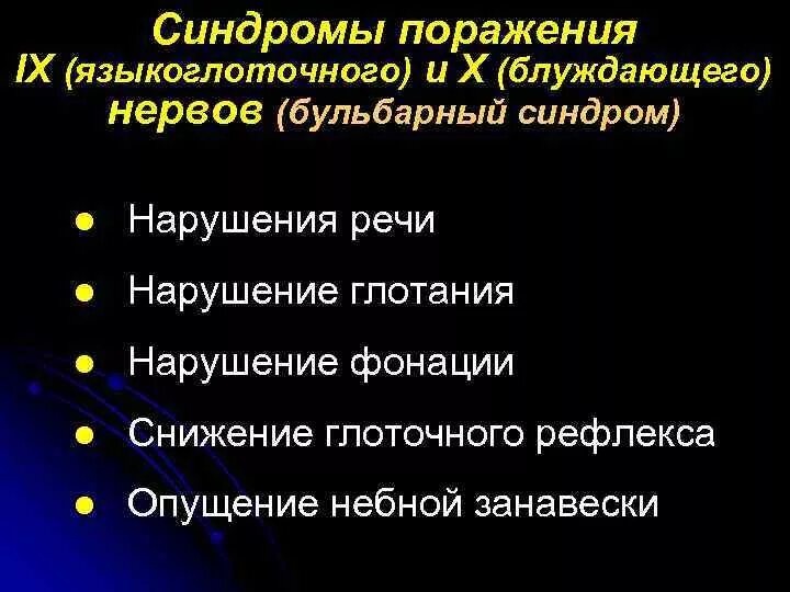 Поражение блуждающего нерва. Блуждающий нерв синдромы поражения. Синдромы поражения языкоглоточного нерва. Синдромы при поражении блуждающего нерва. Синдром блуждающего нерва симптомы.