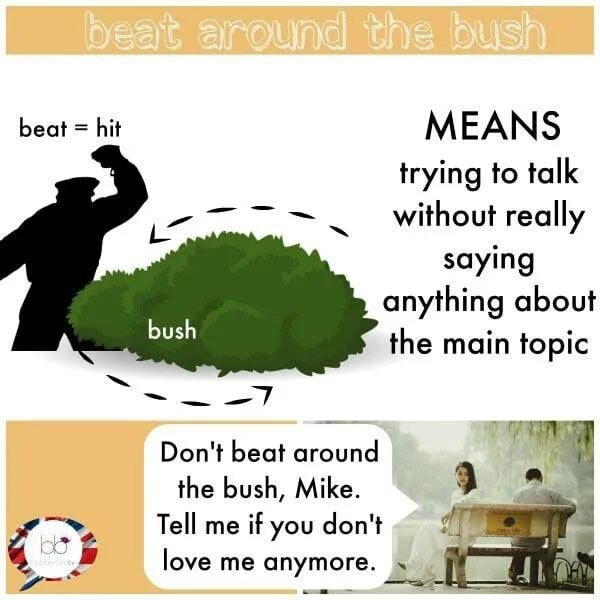 Bush перевод на русский. Beat around the Bush идиома. Beat around the Bush meaning. Beat about the Bush. To Beat around the Bush.