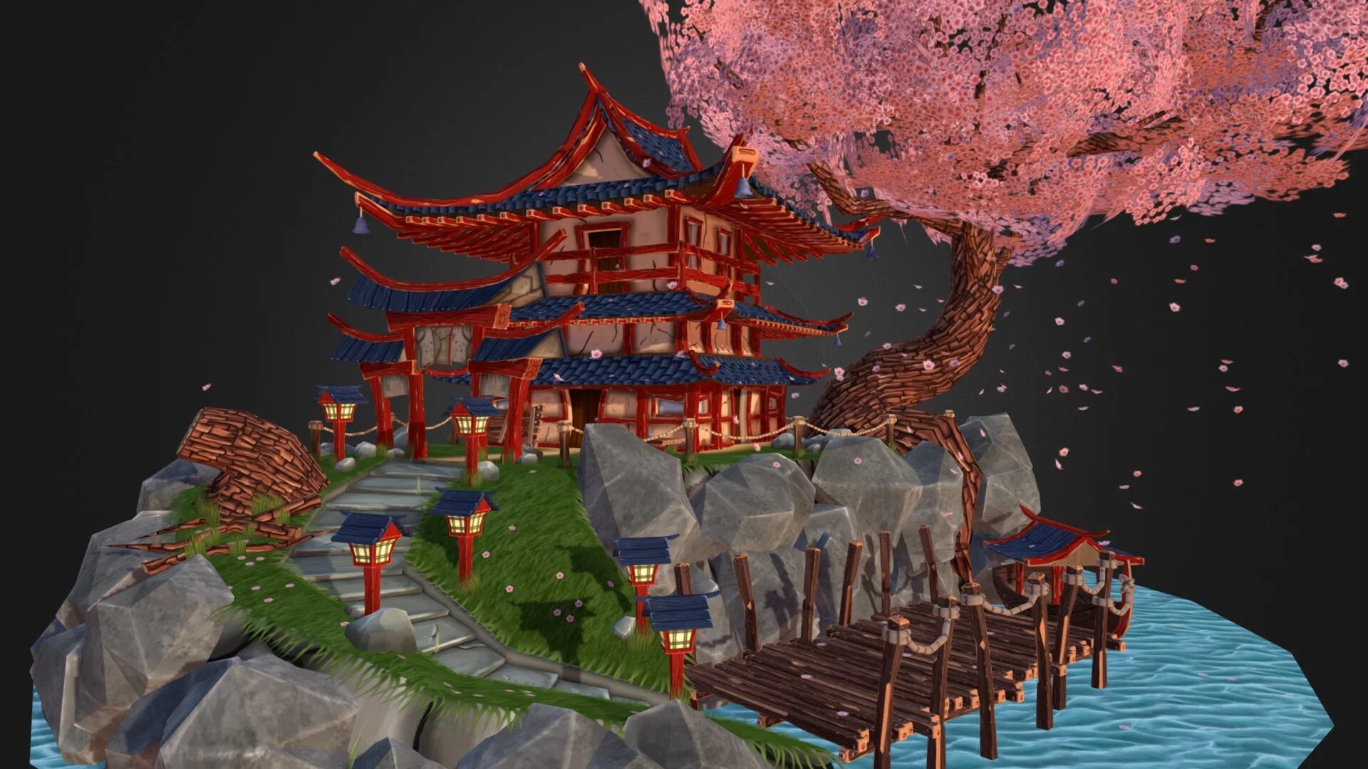 Stylized China 3в. Stylized House Japan 3d. Japan stylized environment. Stylized games. Сакура остров