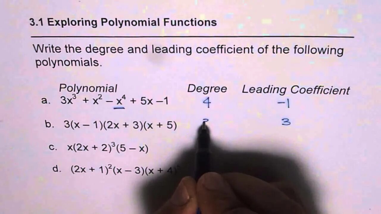 Leading coefficient. Leading term of the polynomial. Find leading coefficient of the given polynomial:. Polynomial of degree 3 with leading coefficient 7.. Leading term