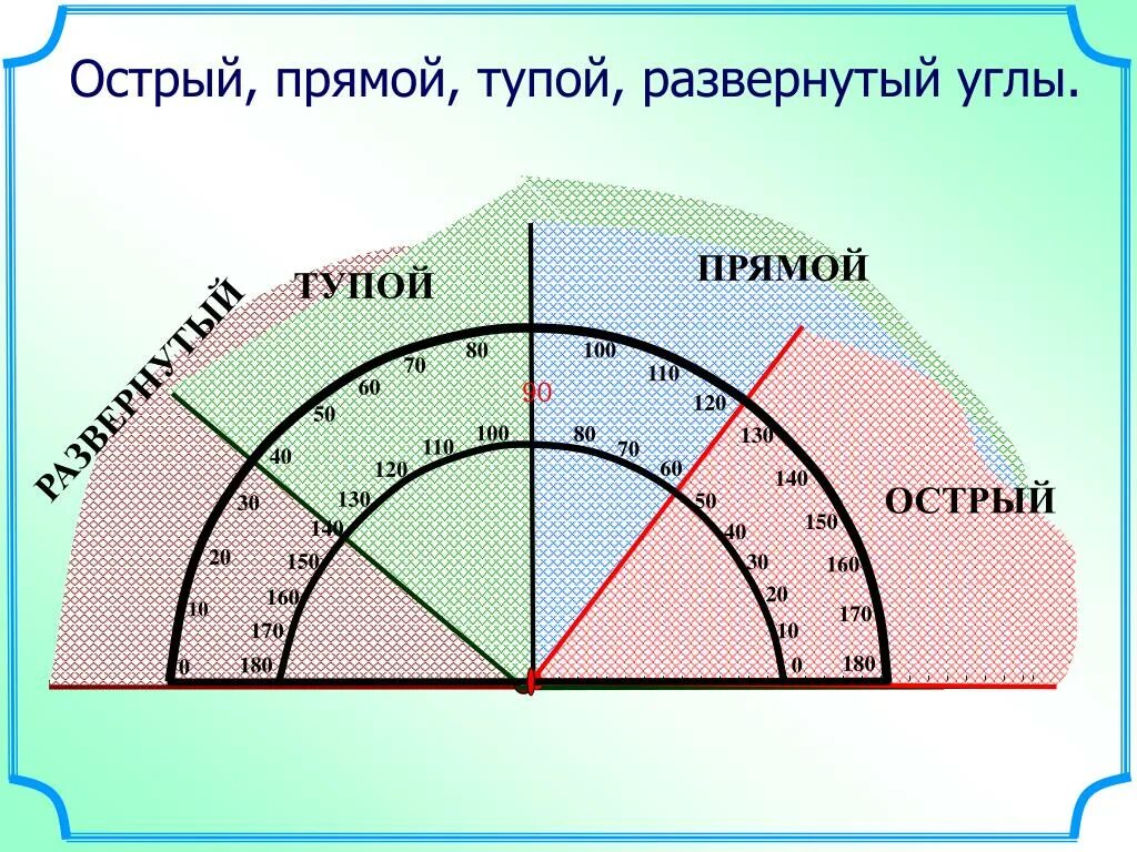 Острые и тупые углы на транспортире.