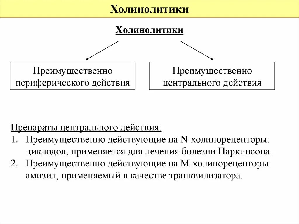 1 большей частью. Холинолитики центрального действия. Центральные холинолитики препараты. Холинолитики периферического действия. Центральные холинолитики механизм действия.