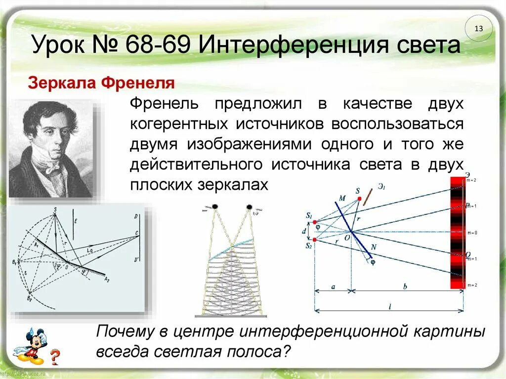 При каких условиях наблюдают интерференцию. Интерференционные схемы бизеркала Френеля. Зеркала Френеля интерференция света. Ход лучей в зеркалах Френеля. Френель способ получения когерентных источников света.