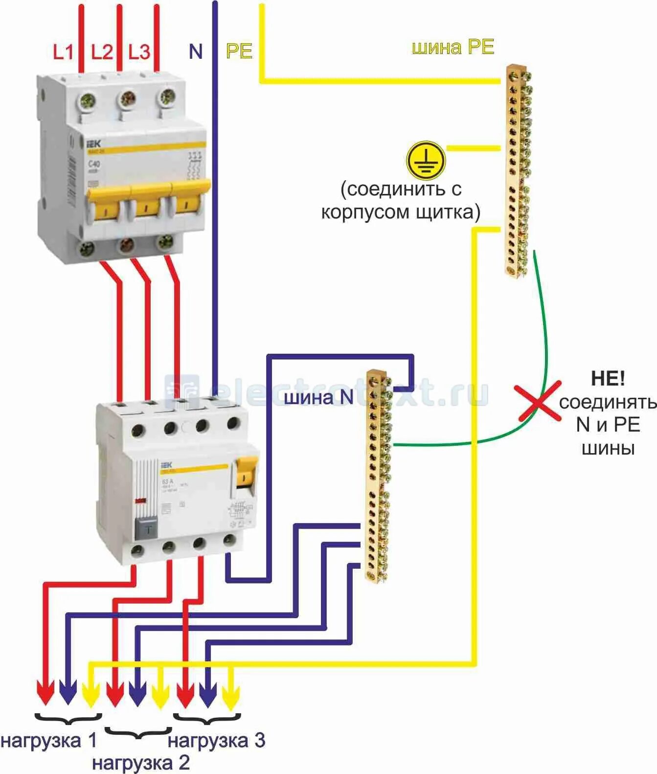 Дифавтомат в частный дом. Схема подключения УЗО 3 фазы. Схема подключения УЗО 380в трёхфазный. Схема подключения УЗО В 3 фазной сети. Схема подключения УЗО три фазы без заземления.