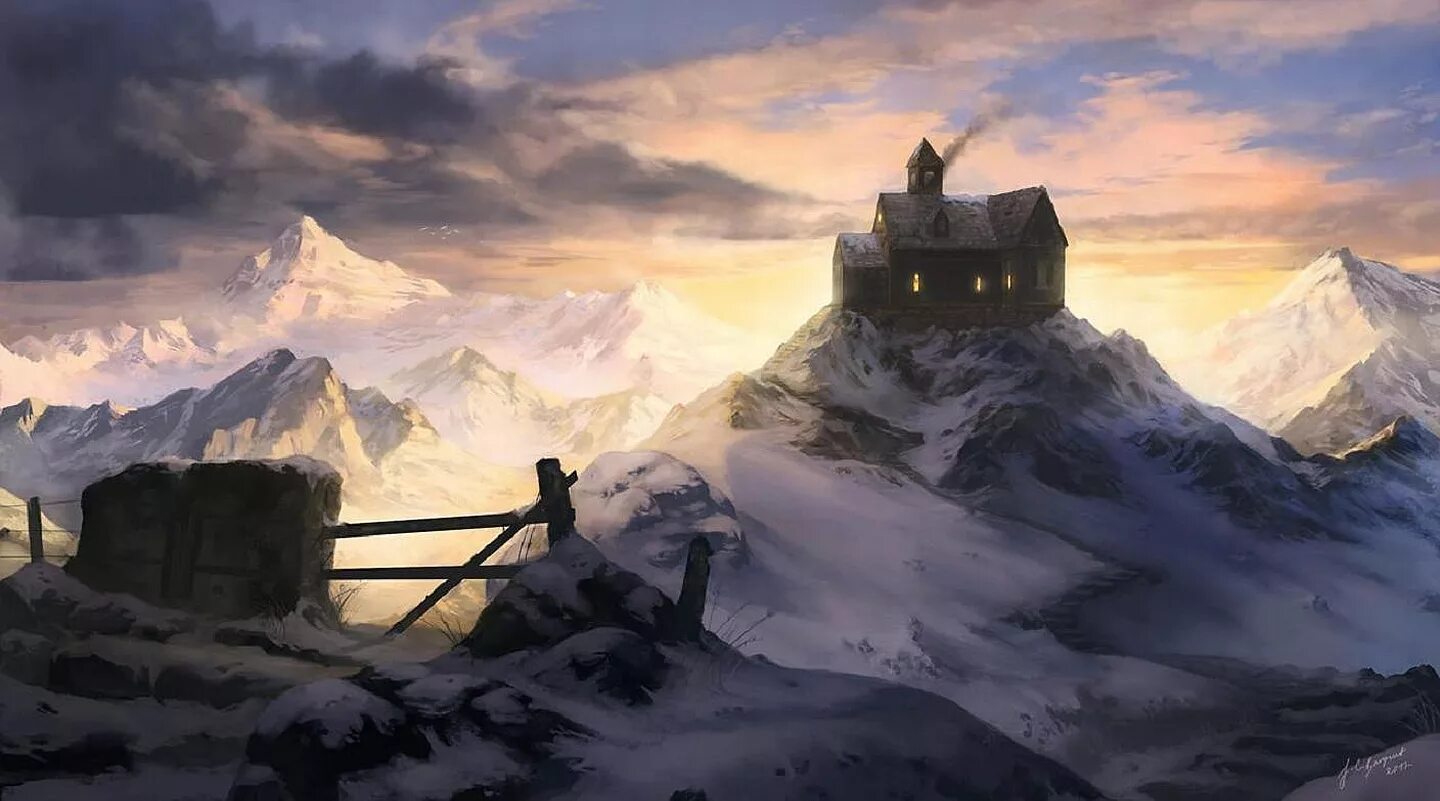 Гора на которой стоял дом была. Деревня в горах арт. Горы фэнтези. Дом в горах арт. Горы арт.