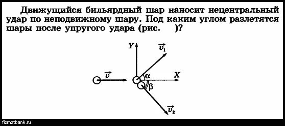 Бильярдный шар налетает на неподвижный шар. Нецентральный упругий удар. Нецентральный удар шаров. Нецентральный удар угол. Нецентральный удар физика.