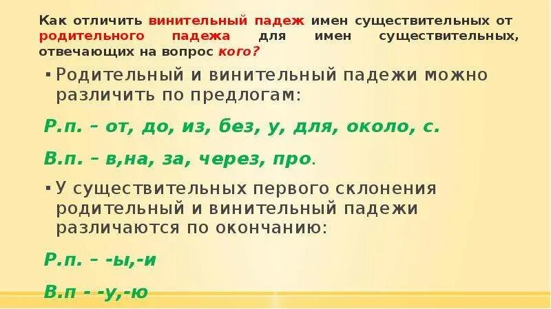 Как отличить 6. Как отличить родительный и винительный. Отличить винительный от родительного. Как отличить винительный падеж от родительного. Как различить винительный и родительный падеж.