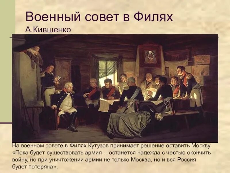 Какое решение принял кутузов в филях. Кившенко военный совет в филях. совет в филях 1812 война и мир. военный совет в филях 1812 карта. совет в филях на карте 1812.